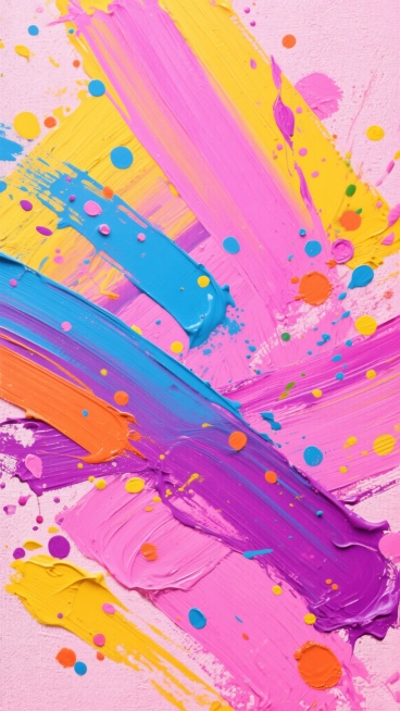 抽象表现主义风格的炫彩背景，以明亮的粉色、黄色和紫色为主色调，融合蓝色和橙色的点缀，呈现出丰富的色彩和谐。画面充满动感的大笔触肌理，厚重的颜料堆积感，以及飞溅的大小不一的彩色墨点和泼溅效果。色彩过渡自然且富有层次感，光影柔和，高光与阴影形成微妙对比，整体营造出欢快、奔放且充满活力的艺术氛围。背景纹理细腻，带有帆布质感，笔触方向多变，既有横向的长线条，也有不规则的块状涂抹，色彩交织融合，形成视觉……预览效果