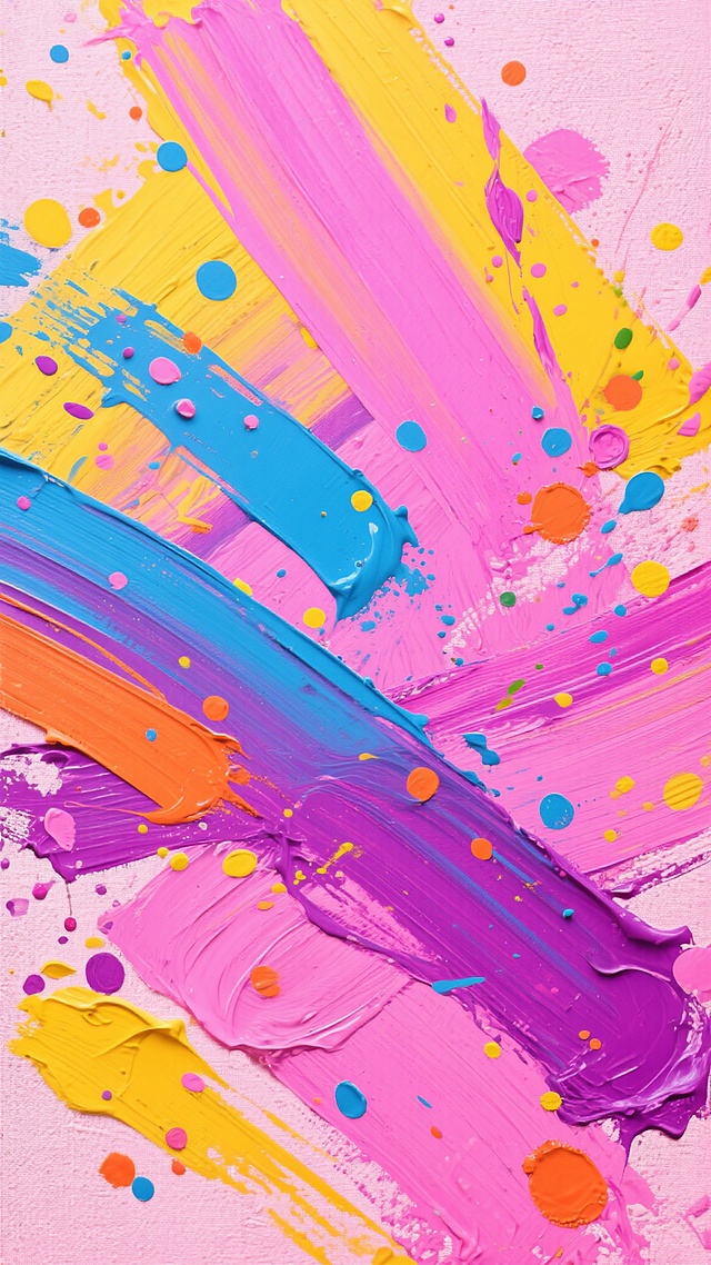抽象表现主义风格的炫彩背景，以明亮的粉色、黄色和紫色为主色调，融合蓝色和橙色的点缀，呈现出丰富的色彩和谐。画面充满动感的大笔触肌理，厚重的颜料堆积感，以及飞溅的大小不一的彩色墨点和泼溅效果。色彩过渡自然且富有层次感，光影柔和，高光与阴影形成微妙对比，整体营造出欢快、奔放且充满活力的艺术氛围。背景纹理细腻，带有帆布质感，笔触方向多变，既有横向的长线条，也有不规则的块状涂抹，色彩交织融合，形成视觉上的动态平衡和强烈的视觉冲击力。