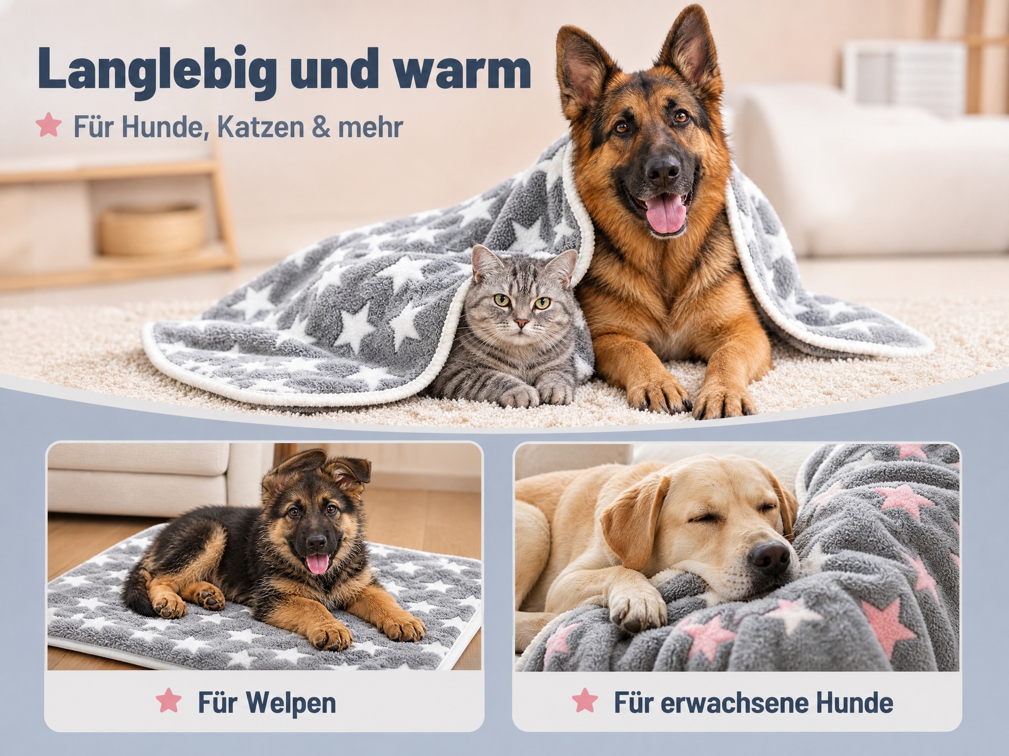 [商品] 使用【图5】德牧+欧洲短毛猫裹灰底白星宠物毯场景图、… - 图片创意预览