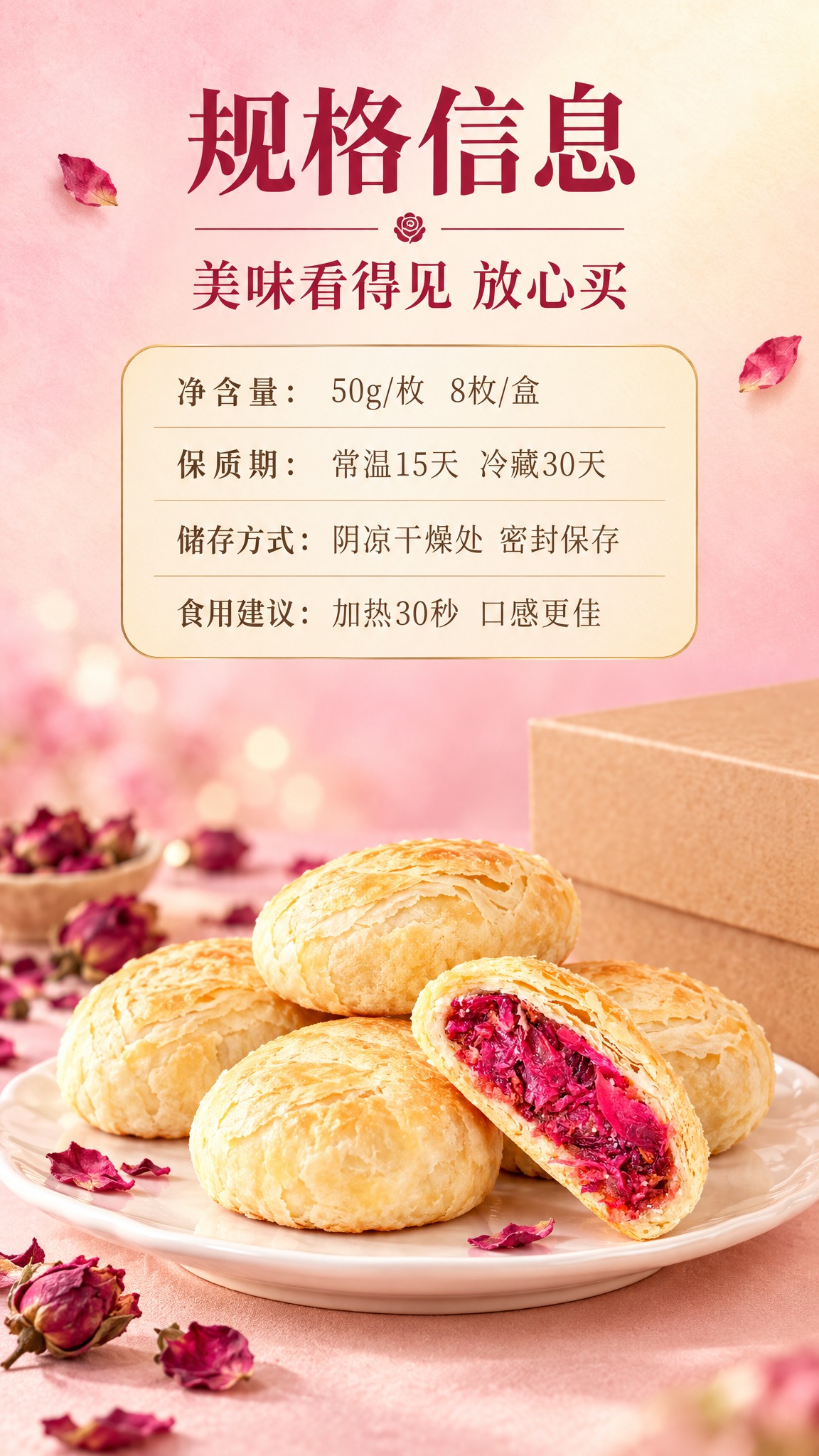 [商品] 使用【图1】云南玫瑰鲜花饼；保留金黄酥皮、玫红色玫瑰… - 图片创意预览
