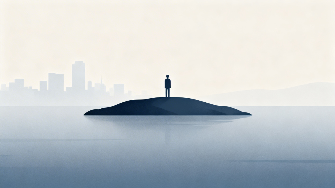 公众号封面图，主题上海90后孤岛化，突出孤独的孤岛感觉，画面简约高级，低饱和度莫兰迪配色，构图极简，只有一个抽象的孤独小人站在孤岛上，远处是朦胧城市轮廓，几乎没有多余文字，设计感强，高级简约风格预览效果