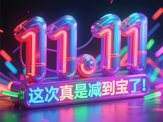 赛博朋克风霓虹灯管打造的3D数字“11.11”，玻璃质感与重拟物设计结合，未来感十足，充满科技与酷炫感，营造双十一促销狂欢氛围。