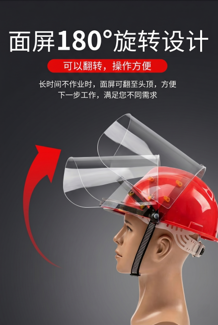去掉面罩的包边，将图片的背景色改为黑灰色渐变，保留图片中的安全帽模型、文字内容和红色箭头预览效果