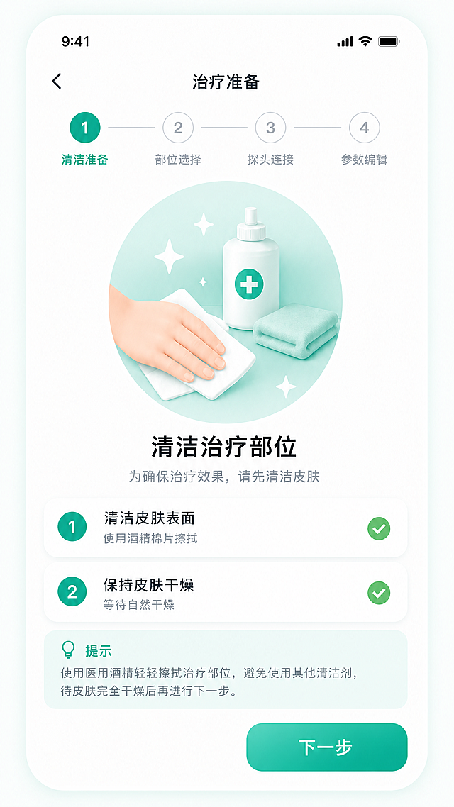 治疗准备清洁准备页，4步流程第1步，青绿色主色调，清新医疗风格。顶部四步圆形进度条，第一步青绿色实心高亮，其余三步灰色空心，下方分别标注清洁准备、部位选择、探头连接、参数编辑。中间圆形背景清洁插画青绿色调，手擦拭皮肤酒精瓶毛巾。标题清洁治疗部位黑色，副标题说明文字。两个步骤条目：1清洁皮肤表面使用酒精棉片擦拭，青绿色圆形序号，右侧绿色对勾；2保持皮肤干燥等待自然干燥，青绿色圆形序号，右侧绿色对勾。底部淡青绿色提示框。右下角青绿色渐变下一步主按钮白色文字。整体白色背景淡青绿色点缀，圆角卡片设计。
