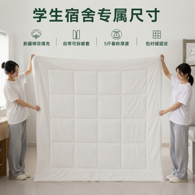 [主图-4] 完整展开展示产品整体外观，突出学生宿舍尺寸适配。基于原图修改，两个人手扶住被子两角展开悬挂，完整展示被子整体尺寸和绗缝格纹，保持米白色和绗缝结构与原图绝对一致，背景为干净明亮室内。[氛围预览效果