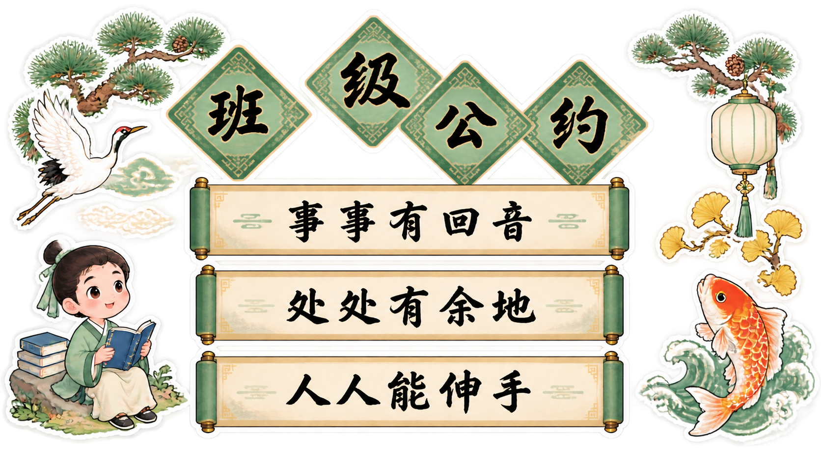 基于这张国风班级公约墙贴图片进行修改：1. 调整顶部四个菱形徽… - 图片创意预览
