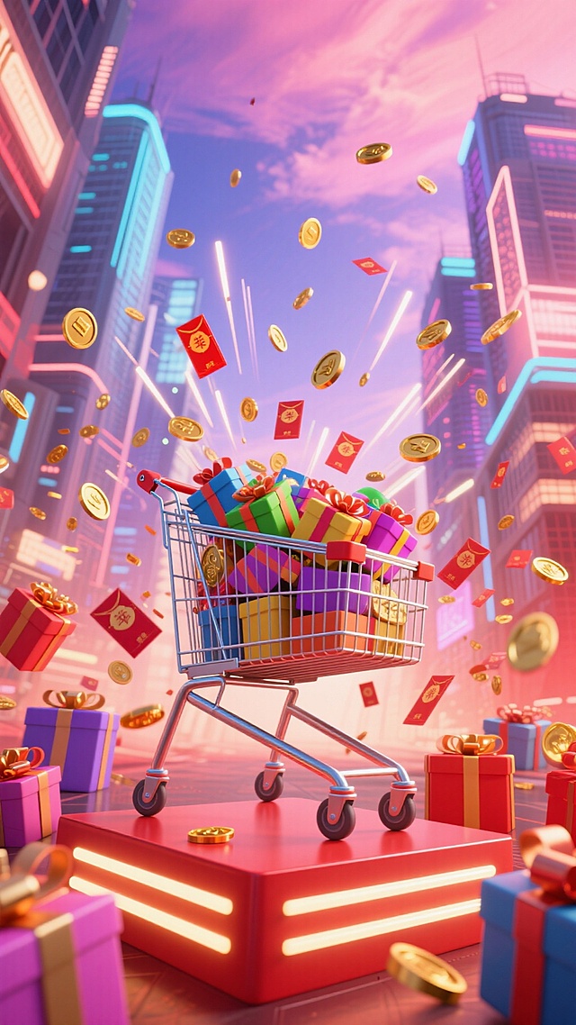 核心主体是购物车置于带灯条的红色展示台上，车内及周围堆满礼物盒，向空中放射的无数红包、金币飘落四周，背景是发光的未来感城市建筑。以暖色调为主，大量红色搭配粉色、紫色和蓝色天空形成对比，仰视角度