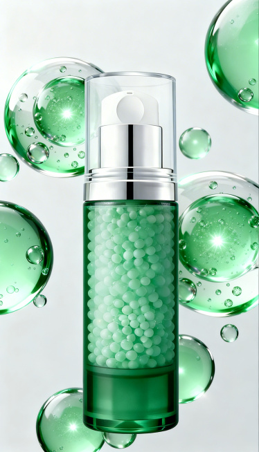 参考图3的构图和形式，将图2绿色精华瓶产品清晰摆放在画面主体位置，瓶内的珠珠调整为有大有小的分布，添加图1的绿色透明气泡水珠元素作为装饰，生成一张9:16竖版海报，整体保持干净简约的风格，不需要添加任预览效果