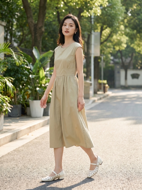 [主图 4] 米白色波点玛丽珍女鞋全身穿搭展示。同一位年轻亚洲女模特，身材匀称，妆容精致，穿着浅卡其色法式连衣裙，搭配米白色波点镂空玛丽珍鞋，自然行走在夏日街道旁。整体穿搭清新温柔，鞋子搭配和谐，全身预览效果
