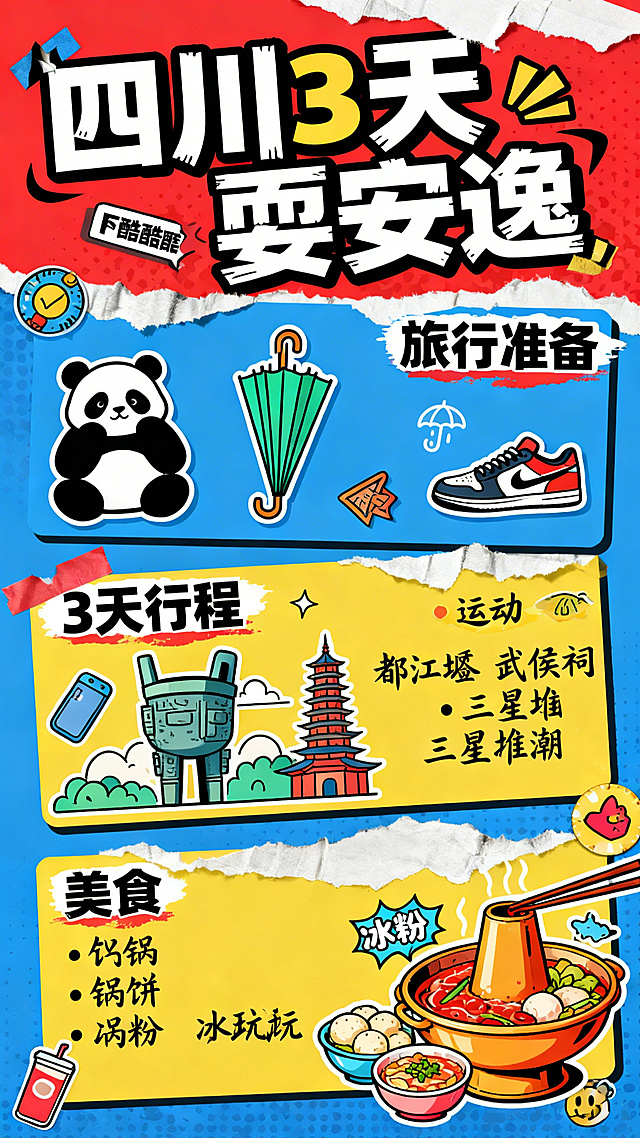 四川3天旅游攻略一图流海报，现代潮酷街头风，用撞色高饱和的红、蓝、黄配色，顶部是潮流涂鸦字体标题“四川3天耍安逸”，内容用模块化卡片排版：旅行准备板块配潮酷熊猫、雨具、运动鞋图标；3天行程板块分别配都江堰、武侯祠、三星堆的潮流简笔画，文字用活泼的手写体；美食板块配火锅、锅盔、冰粉的卡通潮玩风格插画；边缘加潮流撕纸效果和小装饰元素，整体年轻有活力，信息清晰，适合手机阅读，充满四川潮流游玩氛围。