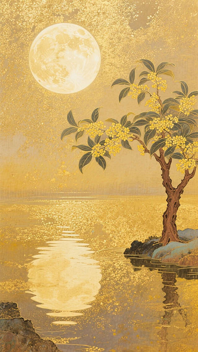 工笔细绘月下桂树，鎏金岩彩渲染静谧湖光，古典中式意境中透出唯美感与优雅文艺气息，映照中秋佳节的诗意浪漫。