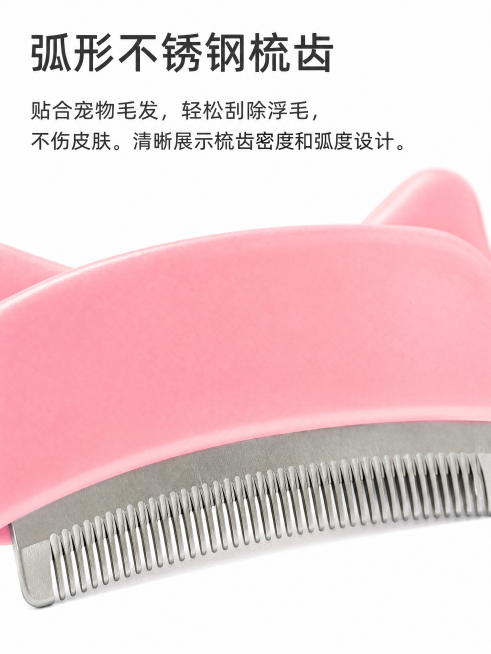 [第4屏]梳齿细节特写，使用图1猫耳款玫瑰粉M码放大展示弧形不锈钢梳齿，保留原图结构颜色弧度密度不变。纯白背景，微距特写聚焦梳齿，侧光突出金属质感，上方文字：弧形不锈钢梳齿，贴合宠物毛发，轻松刮除浮毛预览效果