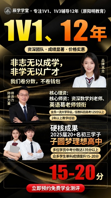 请设计一张海报，重点突出：在海报设计中，建议将 “专注教学12年”、“1V1、1V3”、“提分15-20分” 等关键数据用加大字号或醒目颜色突出。每个板块分开排版

版块1


主标题
辰学学堂 ·预览效果