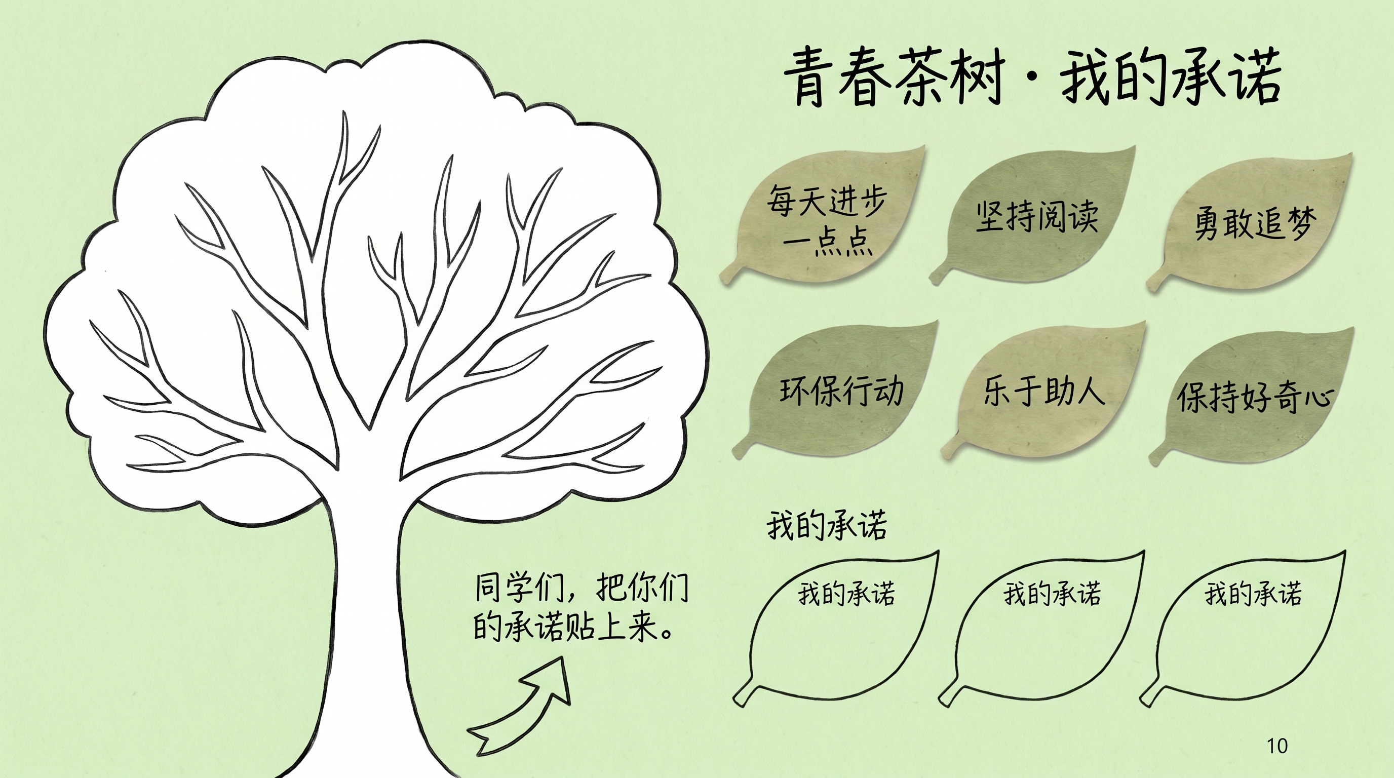 PPT第10页青春茶树·我的承诺，背景为浅绿色，手绘一棵大树的… - 图片创意预览