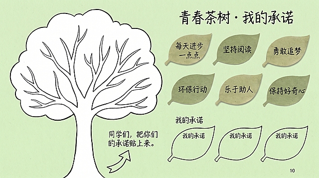PPT第10页青春茶树·我的承诺，背景为浅绿色，手绘一棵大树的黑白轮廓（树枝留白），右侧留白处放置多片茶叶形便签（模拟已贴上的效果），每个便签手写一句承诺，下方提供“我的承诺”空白便签模板（学生可填写），左下角小箭头指向大树，手写教师提示“同学们，把你们的承诺贴上来。”，使用真实扫描便签纸纹理，手写字体，页面比例16:9，去除AI生成痕迹
