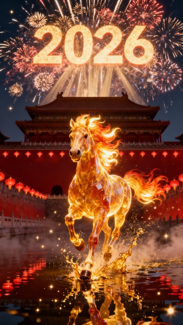 宏图2026·紫禁城角楼版
适用场景：官方、大气、国潮风。
主体：一匹通体发光的黄金神马，位于画面中心，正朝着镜头方向奔跑。马身呈半透明的琥珀质感，肌肉线条清晰可见。
材质与光效：马身散发着炽热的金色预览效果
