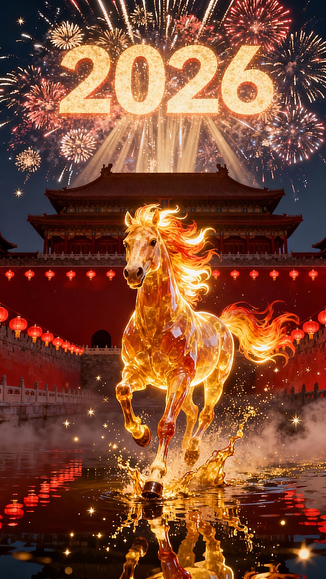 宏图2026·紫禁城角楼版 适用场景：官方、大气、国潮风。 主体：一匹通体发光的黄金神马，位于画面中心，正朝着镜头方向奔跑。马身呈半透明的琥珀质感，肌肉线条清晰可见。 材质与光效：马身散发着炽热的金色光芒，马蹄踏在水面上，溅起液态黄金般的水花，水花在空中化为光点。马鬃和马尾如同流动的火焰，随风向后剧烈飘动，发丝边缘带有明亮的辉光。 背景：背景替换为故宫紫禁城角楼的夜景剪影，城墙上传统的红灯笼连成一