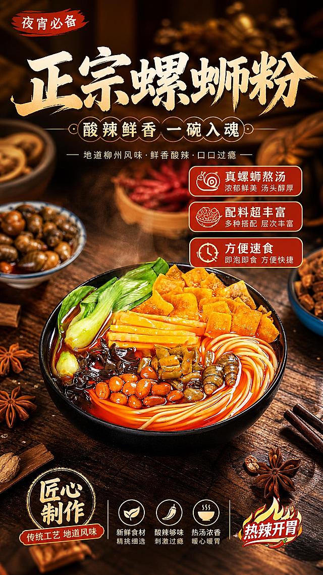 电商商品营销海报，9:16竖版，写实商业摄影风格，暖调食欲感，热辣烟火氛围。画面中下部为一碗盛满螺蛳粉的黑色大碗，红亮汤汁，腐竹、花生、酸笋、木耳、青菜、螺蛳等配料丰富饱满，热气腾腾，食材新鲜有光泽，螺蛳粉碗100%还原上传商品图的外形、配料组成、颜色与质感，以上传图为唯一商品主体来源，完整保留原图中的碗型、配料布局、汤汁色泽、食材形态与整体构图，设计仅作用于背景、光影、道具、版式和文字区；商品主体占画面55%~65%，文字不遮挡主体。背景为深棕色木质桌面纹理，搭配暖黄色侧前方柔光，营造温暖夜宵烟火气，四周有轻微虚化的八角、香料、筷子等点缀元素，带景深效果。画面上方为标题区，主标题大字醒目："正宗螺蛳粉"，副标题："酸辣鲜香 一碗入魂"。画面右侧及下方分布3个卖点标签："真螺蛳熬汤"、"配料超丰富"、"方便速食"，标签为红底白字圆角矩形，简洁清晰。左上角有"夜宵必备"小标签，右下角有"热辣开胃"小标签。整体版式精美，层级分明，四周留足安全边距，文字清晰可读，高信息密度但不拥挤，商业海报质感，超高清画质。画面中所有信息区域、卖点标签、标题区等必须填充完整合理的内容，不得出现空白框、空白占位、横线待填写区域、空列表项、空单元格，确保是完整可用的成品海报而非待填写模板。