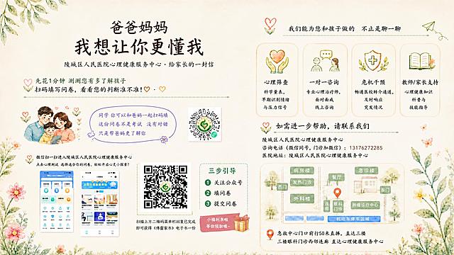 对这张海报的上方标题部分进行整体调整，让版面更协调，其他所有内容保持不变：

1. 【主标题优化】：
   - 去掉"Happy New Year"英文，只保留中文两行"爸爸妈妈"和"我想让你更懂我"
   - 两行手写体大小比例更协调，第一行"爸爸妈妈"稍小，第二行"我想让你更懂我"稍大，形成主次层次
   - 主标题整体适当缩小，不要太大太突兀，和右侧"我们能为您和孩子做的 不止是聊一聊"标题在视觉上更平衡
   - 手写体风格保持温暖流畅，深棕色，去掉多余装饰

2. 【副标题调整】："陵城区人民医院心理健康服务中心·给家长的一封信"字号适当，与主标题间距合适，居中对齐

3. 【顶部整体布局】：主标题和副标题整体居中，左右留白均匀，顶部到主标题的距离、主标题到副标题的距离、副标题到下方内容的距离都调整得更舒适有呼吸感

4. 【右侧标题对齐】：右侧"我们能为您和孩子做的 不止是聊一聊"标题位置与左侧主标题在视觉上协调，高度大致呼应

5. 【左下区域修复】：左下角的二维码和"完成问卷后你将收获"区域恢复成原来的三步引导+小福利来啦的样式，去掉现在这个突兀的二维码和收获卡片，恢复成之前和谐的布局

其他所有区域（左侧引导标题、亲子插画、对话气泡、手机截图、右侧四项服务卡片、联系方式、地图、花草装饰等）保持风格一致。所有文字内容不变。

整体手绘水彩风格、配色、质感完全保持一致。画面比例16:9横版，2K分辨率，版式精美协调。