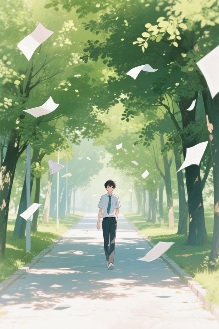 日漫风格男频小说封面，青春校园绿荫小道，近景偏中心构图，穿着校服的男生为视觉主体，自然行走姿态，微微侧身，飘落的纸张不规则分布于画面中上部及两侧，背景绿荫小道向深处延伸，阳光透过树叶形成斑驳光影洒在地预览效果