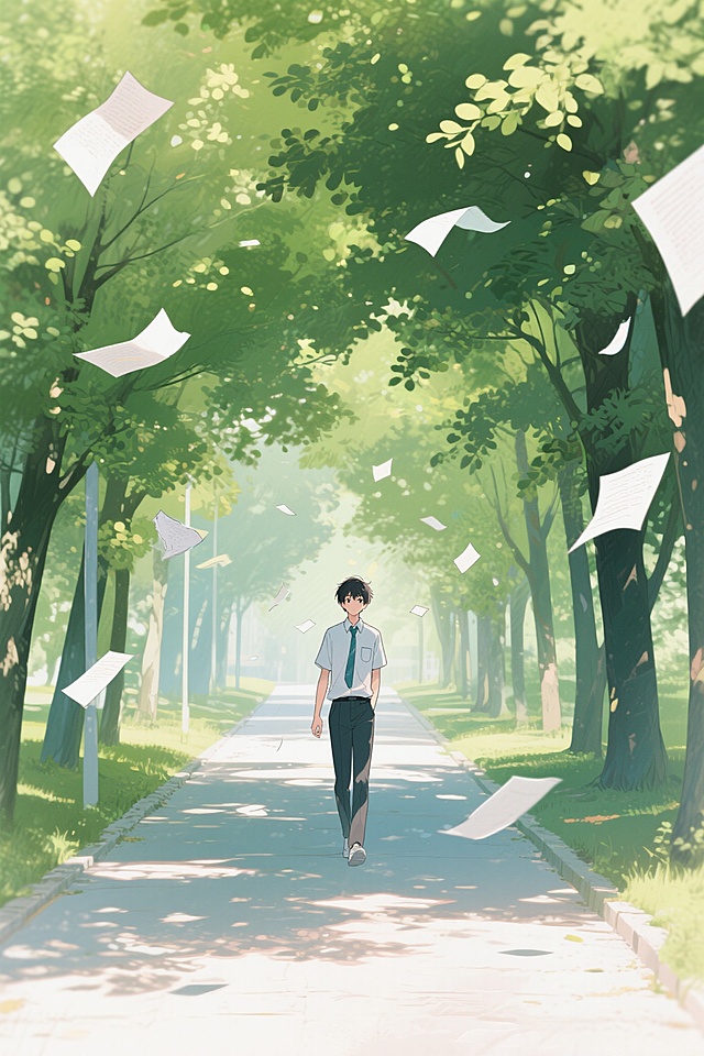 清新水彩风，梦幻动漫场景，少年漫步林间，纸片飘落，尽显青春诗意。