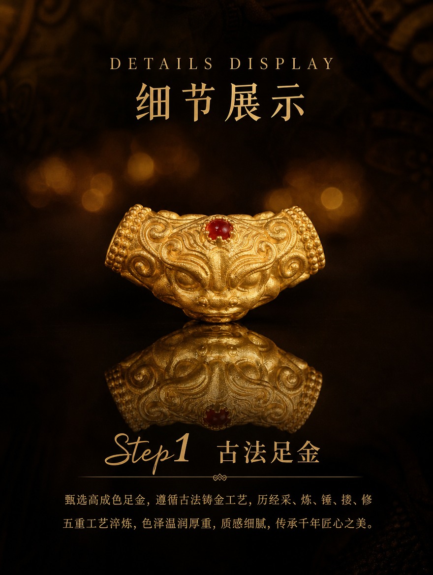 古法黄金瑞兽三通细节展示第一步古法足金详情页，暗调黑金国风风格… - 图片创意预览