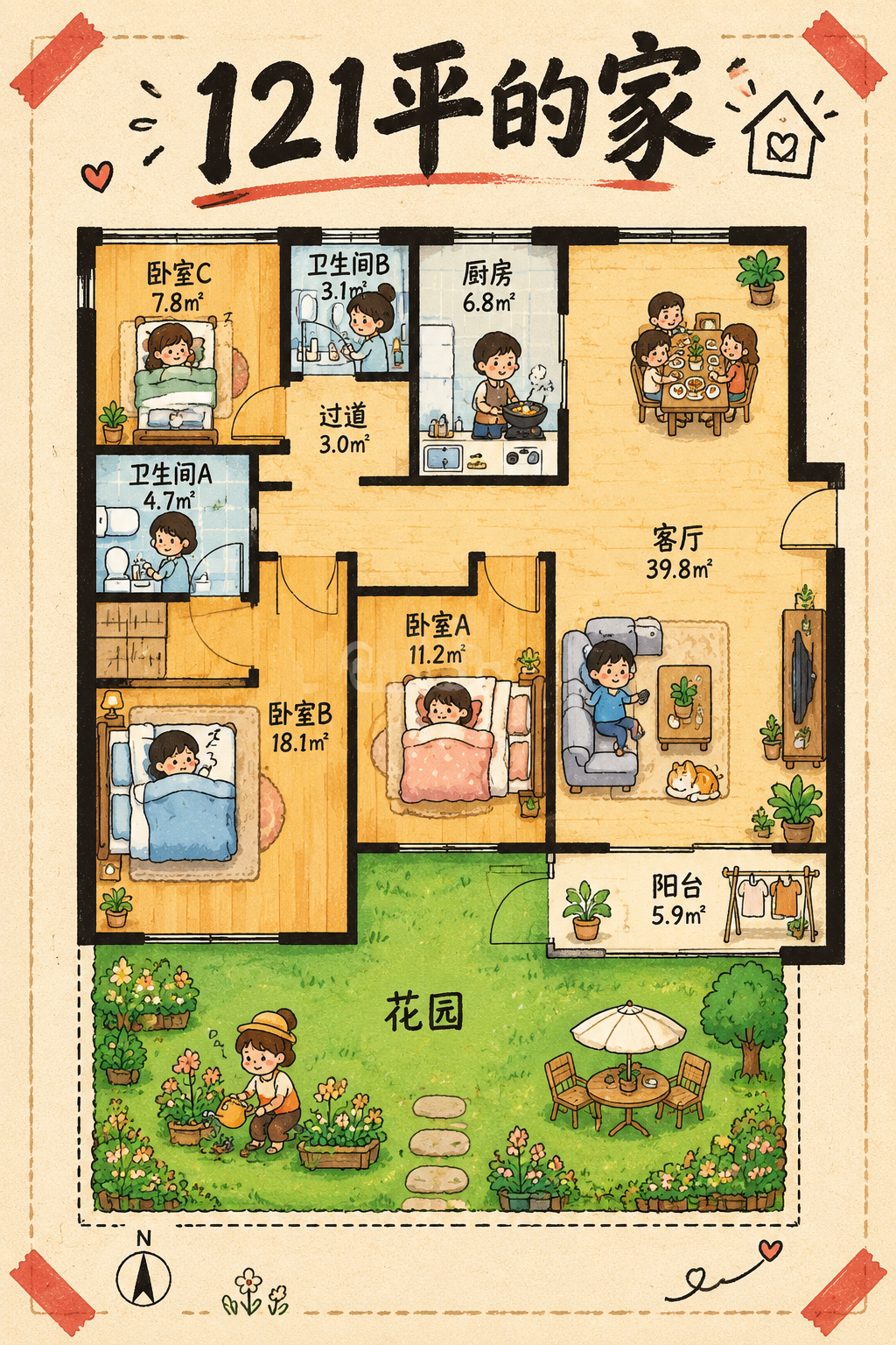 小红书手绘卡通风格户型图海报，竖版，米黄色做旧纸张背景，红色胶… - 图片创意预览