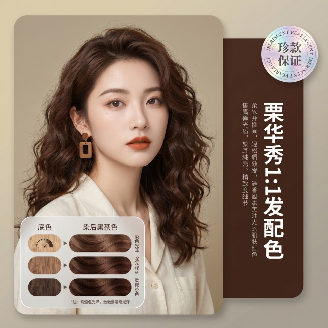 图片比例为1：1电商染发产品商业海报，高级轻奢柔雾美妆棚拍摄影，Octane 渲染，8K 超高清，极致细腻画质，柔和全域柔光漫射布光，无生硬阴影，浅景深微虚化干净渐变背景，奶油肌人像质感，发丝根根分明预览效果