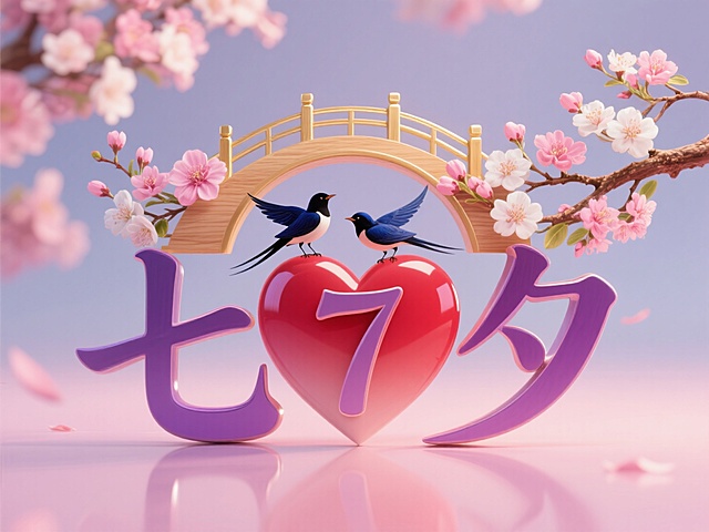 七夕浪漫素材，3D风设计，梦幻樱花与鹊桥，清新感十足，超现实主义风格。