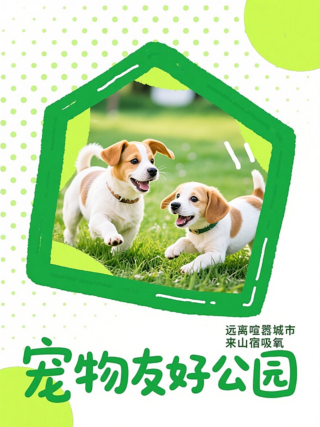 大标题“宠物友好公园”，稚嫩手写质感的字体，字体夸张且醒目，小字“远离喧嚣城市，来山宿吸氧”围绕标题字一圈，背景贴了漫画网点质感的两只小狗在草地上，绿白网点，绿色不规则粗线条框住画面，有荧光色表情装饰点缀