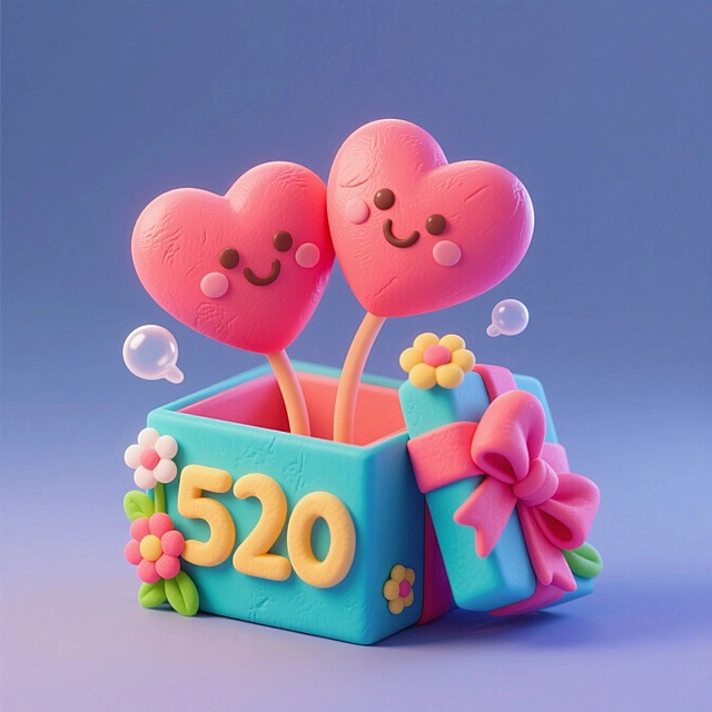 两颗爱心从礼盒里冒出来，表情可爱，礼盒的盒面上写着“520”，气泡/鲜花/蝴蝶结等元素装饰
