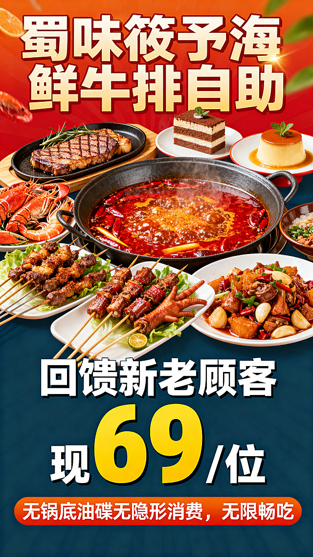 "蜀味筱予海鲜牛排自助"促销海报，展示海鲜、牛排、火锅、烧烤、卤菜、炒菜、甜品，文案："回馈新老顾客现69/位""无锅底油碟无隐形消费，无限畅吃"，四川风味美食海报，色彩鲜艳诱人食欲