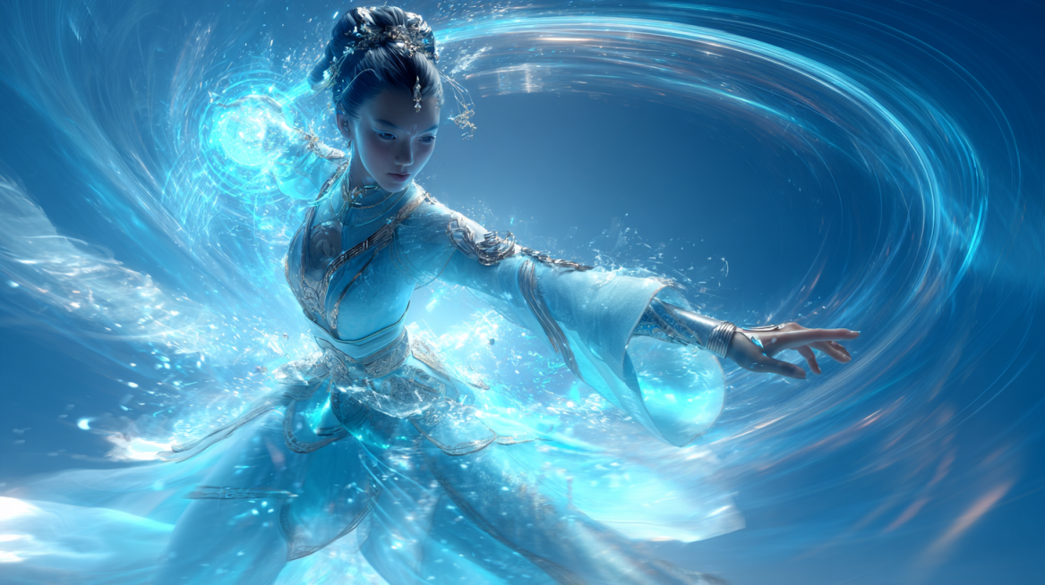 Full-body shot of a young ancient Chinese fairy-style woman, dynamic and energetic action, surrounde预览效果