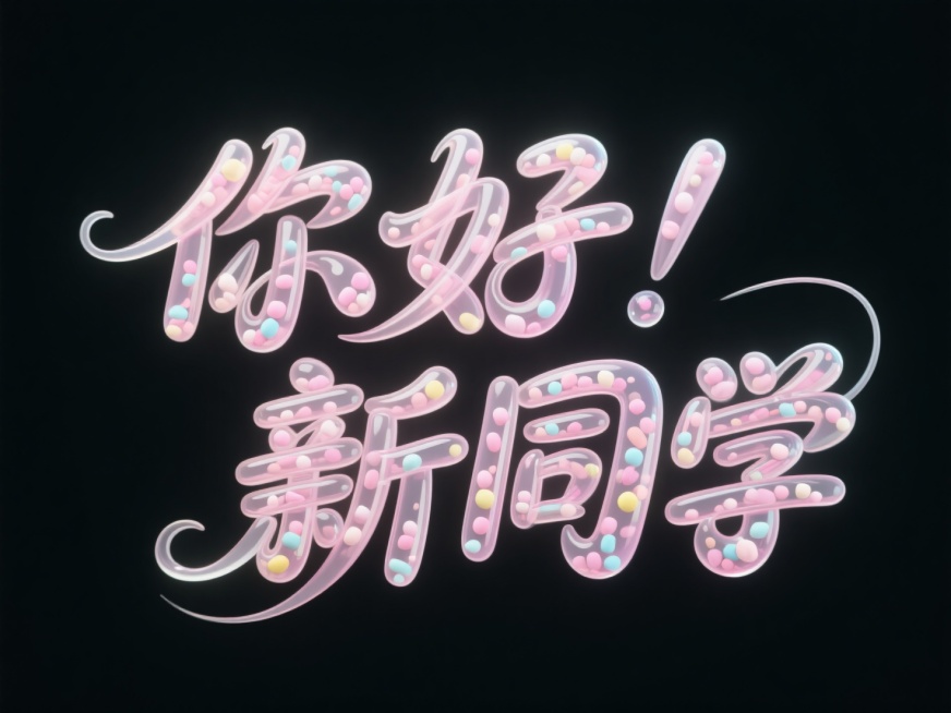 “你好！新同学”，立体泡泡字体设计，3D立体效果，软边缘处理，粉彩棉花糖材质表面覆水光膜，字体透明，内部填充跳跳糖颗粒，UE5渲染，完美细节，干净纯黑色背景，排版简洁大气，视觉效果梦幻甜美，浪漫氛围，预览效果