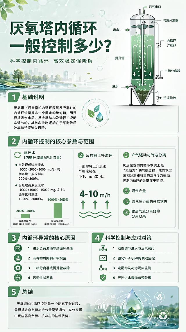 严肃简洁的环保科普海报，主色调浅绿，清透色系，高科技干净整洁专业风格，画面包含清晰层级的科普文字排版。主标题："厌氧塔内循环一般控制多少？"，内容层级：1.基础说明：厌氧塔（通常指IC内循环厌氧反应器）的内循环流量并非一个固定的绝对值，而是根据进水水质、反应器结构及运行工况动态调节的。其核心控制逻辑在于平衡传质效率与污泥流失风险。2.内循环控制的核心参数与范围：1、循环比（内循环流量/进水流量）：当处理低浓度废水（COD=2000~3000 mg/L）时，循环比一般控制在200%~300%；当处理高浓度废水（COD=10000~15000 mg/L）时，循环比可高达1000%~2000%。2、反应器上升流速：一般需将上升流速严格控制在4-10 m/h之间。3、产气驱动与气液分离：IC反应器的内循环本质上是“无动力”的气提过程，依靠下层三相分离器收集的沼气浮力驱动，控制内循环的关键在于监控沼气产量、沼气压力阀的开启状态，以及顶部气液分离器的分离效果。3.内循环异常的核心原因：1、进水负荷波动导致循环失衡；2、有毒物质抑制产甲烷菌；3、三相分离器或提升管故障；4、污泥性状恶化。4.科学控制与应对对策：1、动态调节进水与沼气阀门；2、强化VFA与pH的联动监控；3、定期淘洗与污泥床监测；4、严控进水毒物与预处理。5.总结：厌氧塔的内循环控制是一个动态平衡过程，需根据进水负荷与产气量灵活调节，充分发挥IC反应器高负荷、抗冲击的技术优势。文字层级清晰，分区排版，版式精美，浅绿清透背景，干净科技感十足，专业整洁。