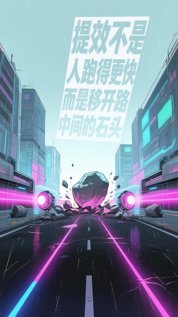 文案：提效不是让人跑得更快，而是移开路中间得石头   。尺寸9:16，像素1242×2208 PT。赛博朋克风，3张海报。预览效果