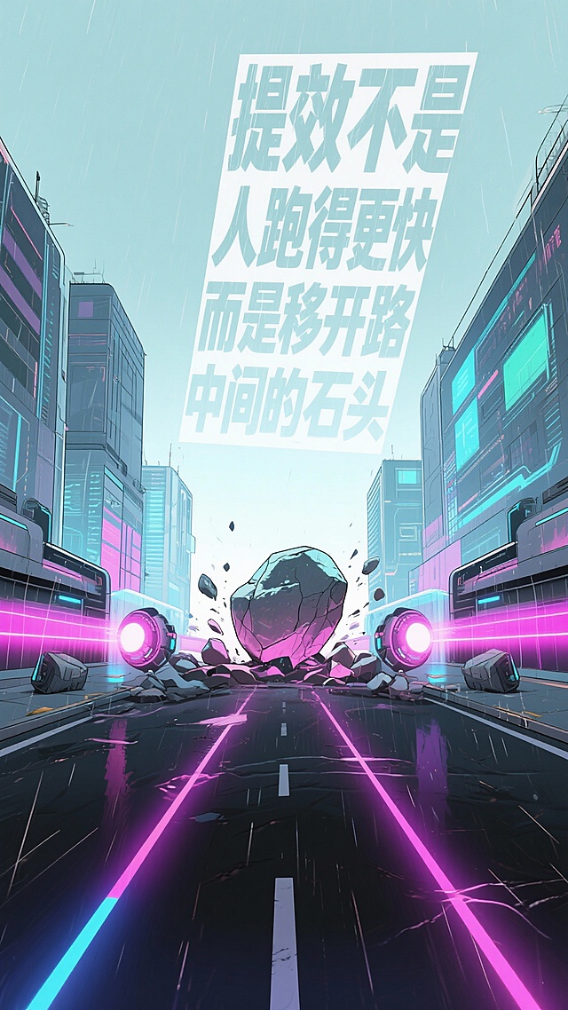 文案：提效不是让人跑得更快，而是移开路中间得石头   。尺寸9:16，像素1242×2208 PT。赛博朋克风，3张海报。