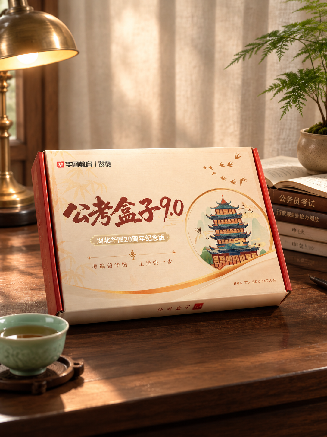 超写实静物商业摄影。 主体：公考盒子礼盒严格参照上传产品图，完… - 图片创意预览