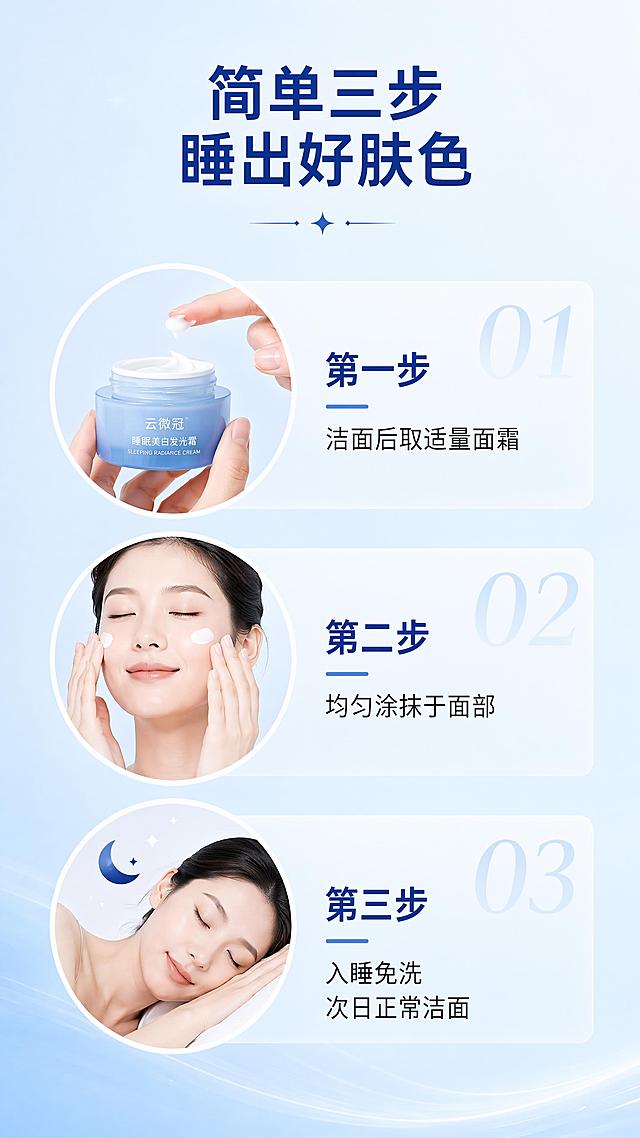 [第7屏] 使用方法步骤，云微冠睡眠美白发光霜。
[氛围/风格] 清晰步骤演示，简约易懂，教程感。
[元素布局] 分三步从上到下依次展示，每步配示意图和文字说明，背景为浅蓝色渐变，整体干净清爽。第一步：洁面后取适量面霜；第二步：均匀涂抹于面部；第三步：入睡免洗，次日正常洁面。每个步骤示意图用圆形框展示手法。
[光影质感] 均匀明亮，每个步骤清晰可辨，没有明暗死黑。
[配色色系] 全局底色 #F5F9FF；主色浅蓝色；辅助色白色圆形框，深蓝文字。
[视角构图] 从上到下垂直排版，三步依次递进，阅读流畅。
[文字版式] 顶部主标题「简单三步 睡出好肤色」，每步标题4-6字，说明短句不超过10字，文字清晰，移动端可读，不拥挤。
[比例分辨率] 9:16 竖版比例，4K分辨率，文字清晰可辨，高清画质。
[负向提示词] 步骤混乱，文字过小，构图拥挤，水印，文字错乱