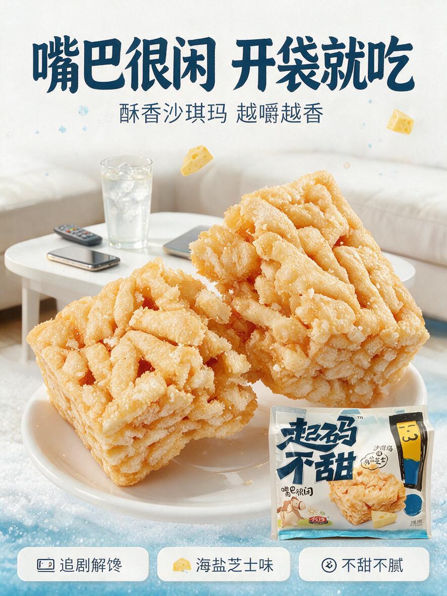 [商品] 使用【图1】名沙起码不甜海盐芝士味沙琪玛包装（白色袋… - 图片创意预览