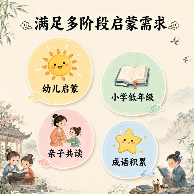 [主图-4] 儿童成语绘本适配人群说明
[氛围风格] 亲和清晰，国风童趣
[画质] 高清商业质感，排版干净
[元素] 分四个标签卡片展示适配人群，卡片圆形设计，每个卡片搭配对应小图标：1. 幼儿启蒙预览效果