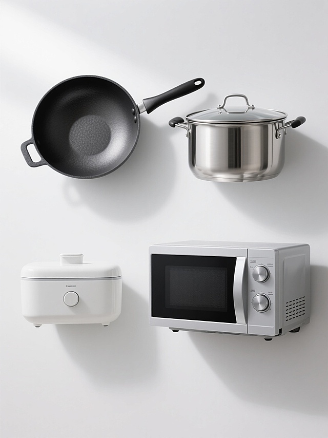 白色纯色背景上，以简约写实的产品摄影风格，规整排布四个不同厨房电器元素的系列素材集合，整体画面色彩变换为柔和的浅灰色调。每个元素均保持高清晰度和细腻的金属质感表现，光源来自左上方形成自然的明暗过渡和轻微阴影，物体边缘清晰锐利。从左到右、从上到下依次为：黑色铸铁平底锅，锅身呈圆形，带有长柄和侧边小把手，表面有细微的磨砂纹理；银色不锈钢炒锅，锅体较深，配备隔热手柄和锅盖放置卡扣，反光面处理展现金属光泽；白色电饭煲，方形设计，顶部带有控制面板和圆形开盖按钮，整体线条简洁流畅；银色微波炉，长方体造型，正面为黑色玻璃门和旋钮式控制面板，侧面有散热孔细节。所有元素大小统一，间距均等，呈现出专业、整洁的产品展示效果。