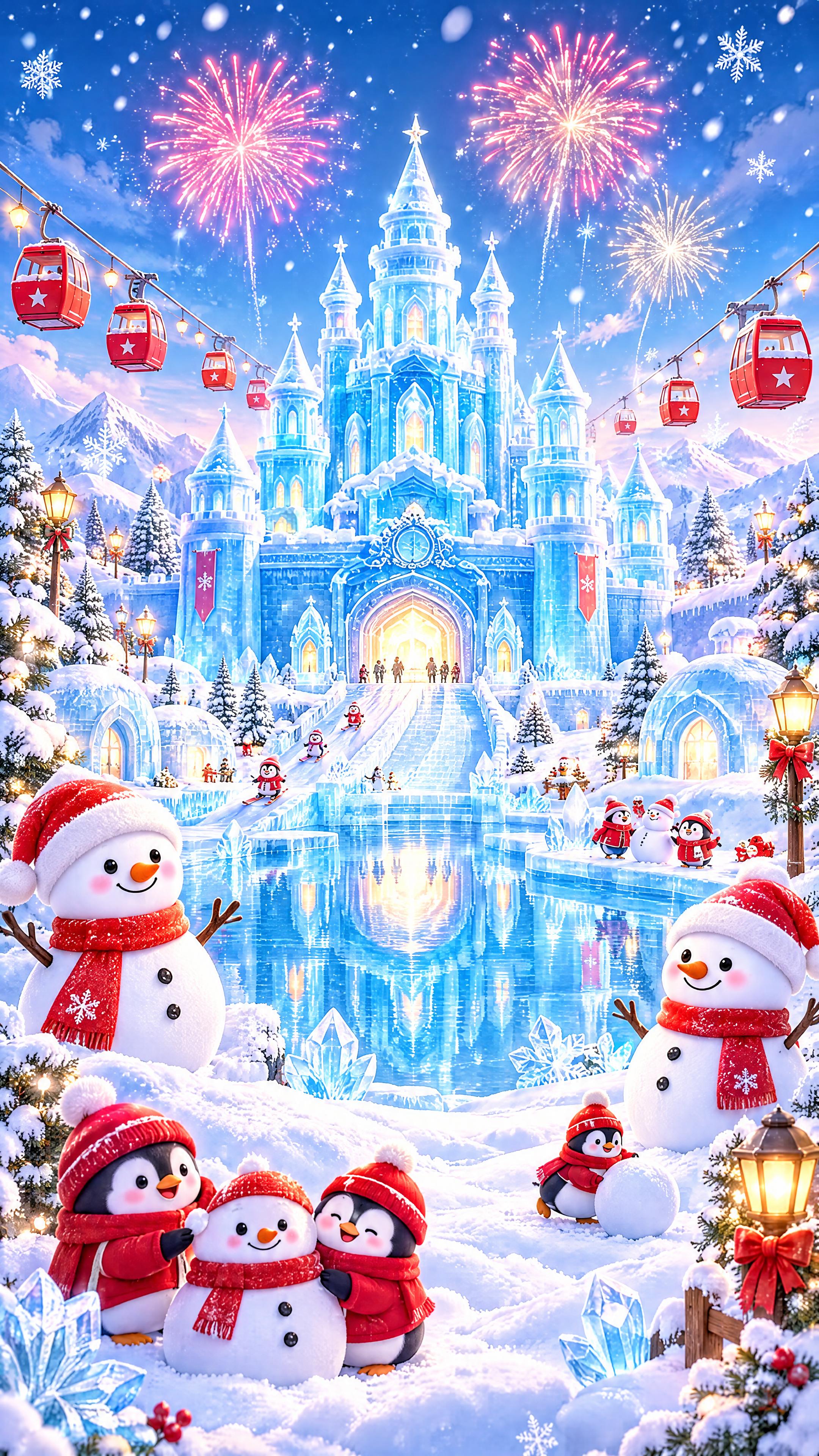 9:16竖版冰雪童话世界插画，画面中心是宏伟的蓝色冰雪城堡，城… - 图片创意预览