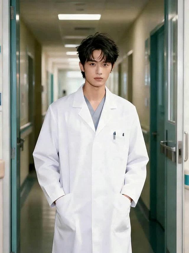 画面里的这个男生在面向镜头，背景是医院走廊。男生用普通话热情祝福：「家人朋友们好！很抱歉因工作繁忙，不能同大家一起过年，我祝愿大家新的一年少些奔波，多些安康，平安顺遂！」整体画面光影温暖喜庆，适配春节新春氛围，镜头逐渐推远。