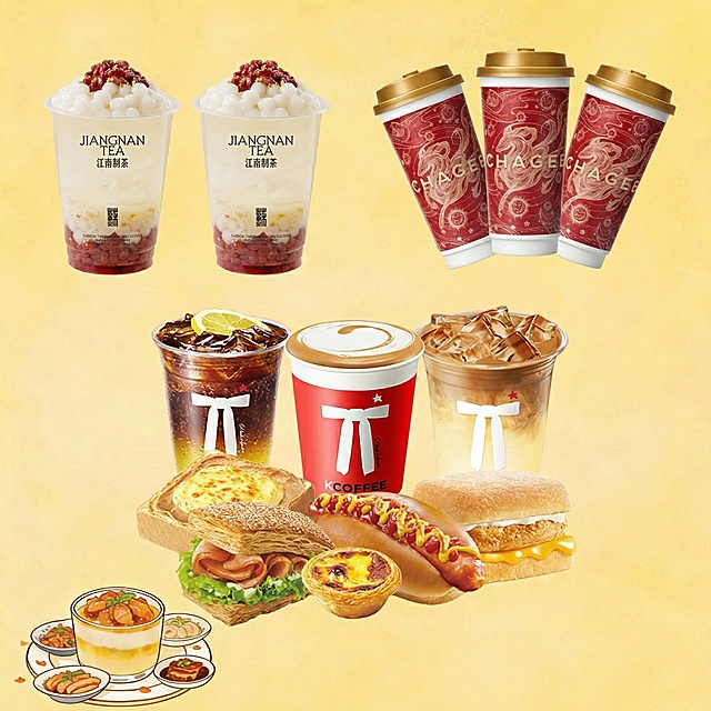 以图1为背景，将图2、图3、图4的饮品餐食合理分布在画面中，互不遮挡，在每个餐食旁留出空白区域，用于后期添加店名、菜名和价格