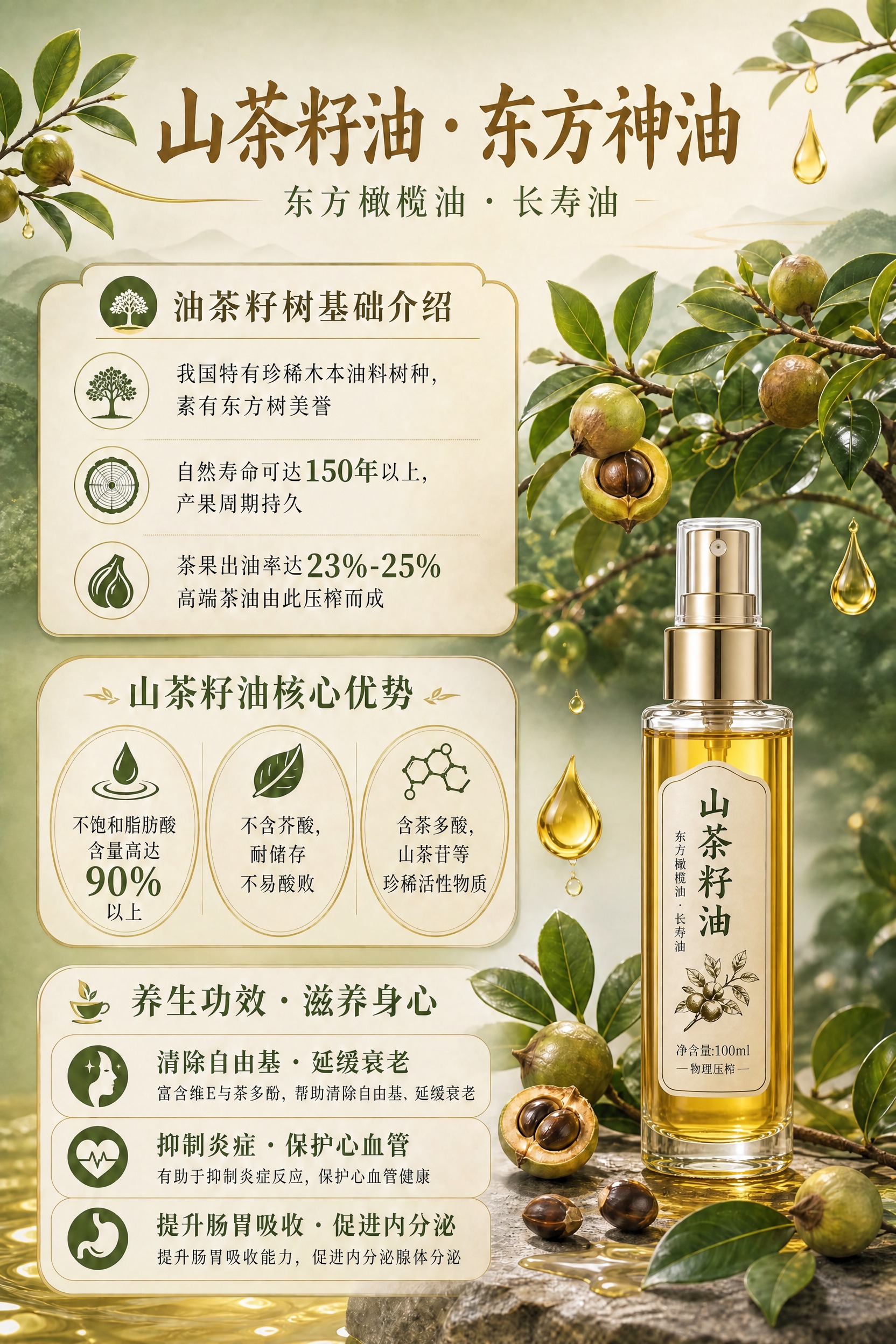 将海报右侧的大瓶山茶籽油，替换为一瓶小巧的喷头装山茶籽油（喷雾… - 图片创意预览