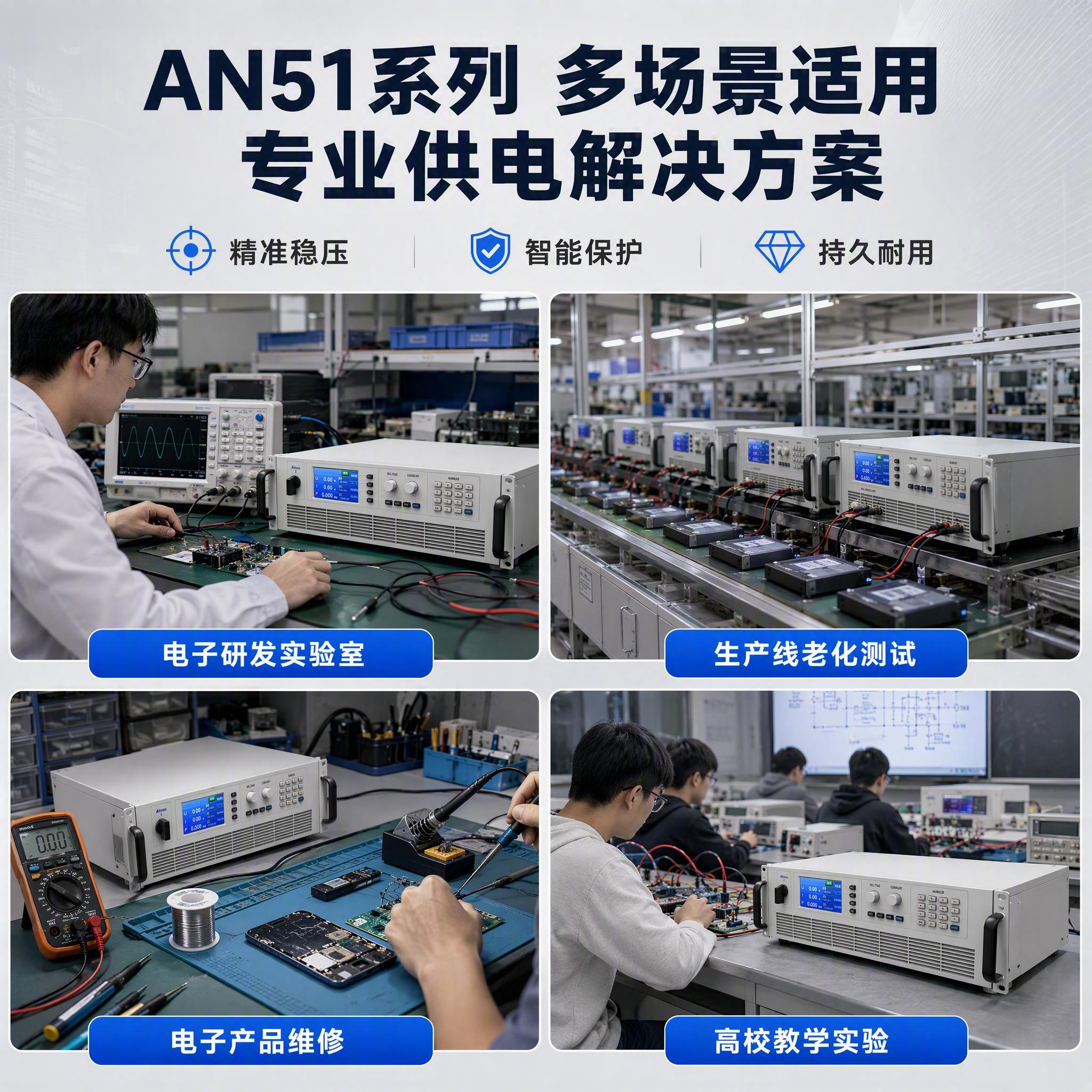 [主图-4] 场景适用与操作，主题为AN51系列直流稳压电源多… - 图片创意预览