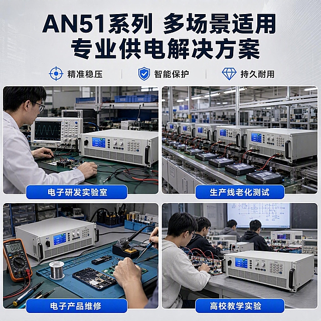 [主图-4] 场景适用与操作，主题为AN51系列直流稳压电源多行业应用场景，核心任务是展示产品在不同领域的使用场景，解决能用在哪的问题。
[统一基调] 1688平台B端工业风，背景主色为浅灰+冷金属灰渐变，标题字色为深蓝黑，辅助字色为深灰，强调色为科技蓝，字体为无衬线粗黑体，字号层级分明，组件样式为圆角场景图框+标签，整体满版高信息密度。
[画面] 画面上方为大标题区域，主标题「AN51系列 多场景适用 专业供电解决方案」，下方3个短卖点：精准稳压 智能保护 持久耐用。画面下方为4宫格场景图，每个场景图框内都有AN51系列直流稳压电源在对应场景中使用的画面，产品外观与输入图一致：左上角场景为「电子研发实验室」，电源放在实验台上，旁边有示波器等仪器，工程师在旁操作；右上角场景为「生产线老化测试」，多台电源排列在产线旁，为产品供电测试；左下角场景为「电子产品维修」，电源放在维修工作台，旁边有电烙铁万用表等工具；右下角场景为「高校教学实验」，电源放在教学实验台，学生在做电路实验。每个场景图框下方有对应场景名称标签。
[光影质感] 每个场景都是真实摄影质感，光线自然，产品在场景中比例合适，光影与环境统一，没有悬浮感，边缘融合自然，没有硬切痕迹。
[配色] 主背景浅灰，标题深蓝黑，场景图框细线边框，场景标签科技蓝底白字，整体配色专业统一。
[文字版式] 顶部标题区占画面约30%，主标题最大居中，3个短卖点横向排列在主标题下方。下部4宫格场景图2x2排列，等大均匀分布，每个图框下方居中放置场景标签，文字横排。
[输出要求] 1:1正方形比例，产品在每个场景中清晰可辨且外观一致，场景真实自然，文字清晰可读，无错字，无水印，无平台Logo，无杂乱元素。