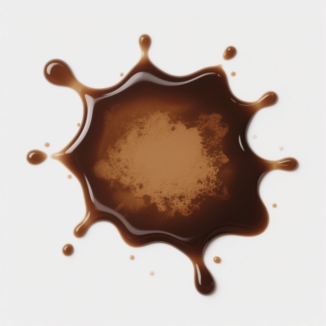 一张咖啡污渍素材图片，画面主体是一个不规则的咖啡渍形状，整体呈现出深浅不一的棕色，边缘有飞溅的咖啡液滴。咖啡渍表面光滑且有光泽，具有明显的液体流动感和层次感，污渍中心颜色较浅，边缘颜色逐渐加深，背景为纯白色，突出咖啡污渍的形态和质感。预览效果