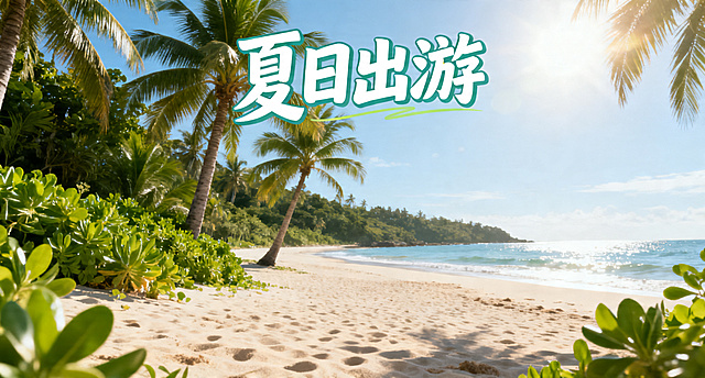夏日出游公众号封面图，清新夏日氛围，阳光沙滩绿植背景，搭配醒目的"夏日出游"艺术字标题，清新治愈配色，适合公众号封面展示